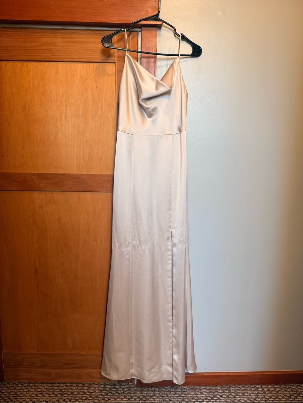 Amsale Chloe Dress - Cowl-Neck Leg Slit Maxi in Champagne color